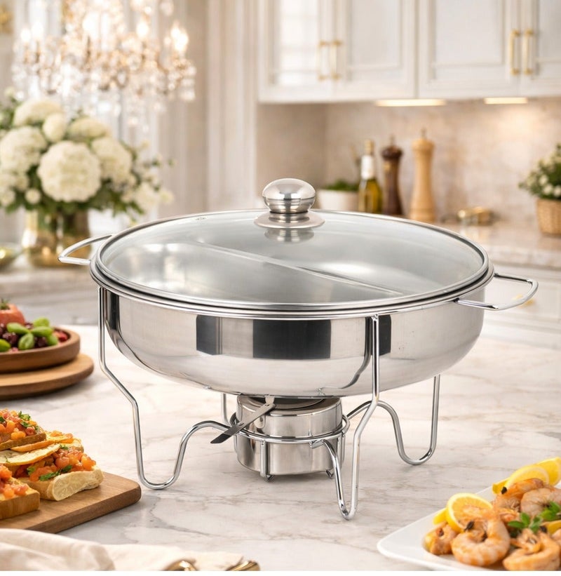 HOMEVEO Stainless steel buffet warmer with glass lid, 3.5L water bowl with inner serving divider - Image 1